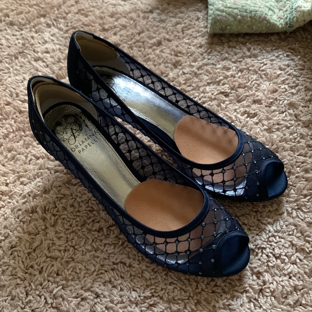 size 8 - adrianna papell - rich navy blue mesh and rhinestone dress heels